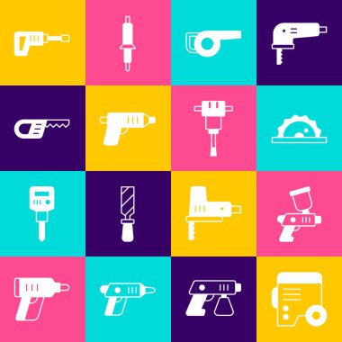Elektrik jeneratörü, boya spreyi, elektrikli testere, yapraklı bahçe üfleyici, kablosuz tornavida, proproprodüksiyon, döner çekiç matkap ve inşaat matkabı ikonu. Vektör