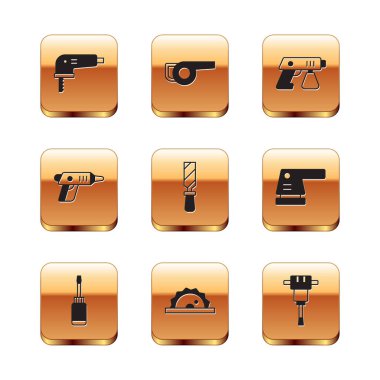 Elektrikli yapboz, tornavida, dairesel metal dosya, kablosuz tornavida, boya sprey tabancası, inşaat matkabı ve yapraklı bahçe üfleyici ikonu. Vektör