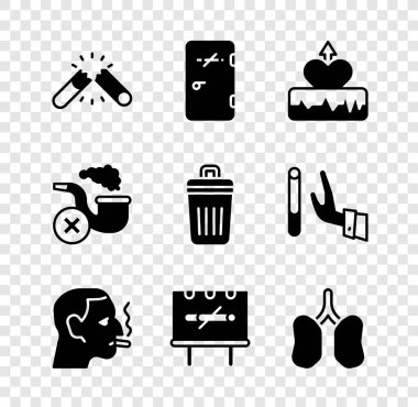 Kırık sigara seti, sigara içme alanı yok, kalp atışı artışı, Man, Ciğerler, duman ve çöp tenekesi ikonu. Vektör