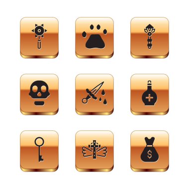 Ortaçağ topları, eski anahtar, Hıristiyan haçı, kanlı kılıç, Kurukafa, sihirli değnek, para torbası ve ayı pençesi ayak izi ikonu. Vektör