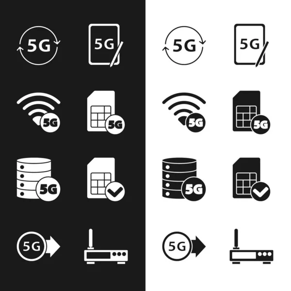 Set 5G Kartu Sim, jaringan, tablet grafis dengan, Server, kartu, Router dan sinyal wi-fi dan ikon. Vektor - Stok Vektor