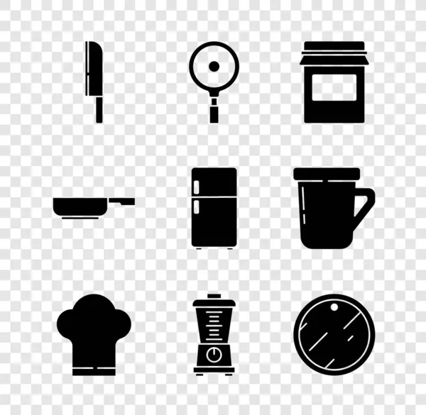 Set kés, serpenyő, Jam jar, Chef kalap, turmixgép, vágódeszka, és hűtő ikon. Vektor — Stock Vector