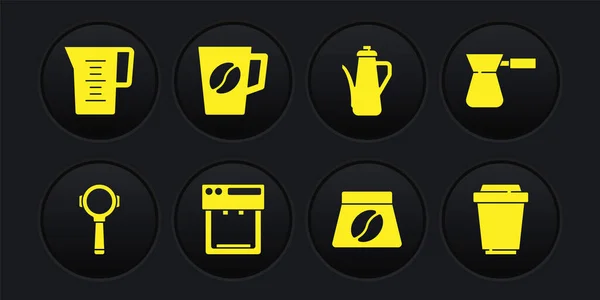 Set Kávový filtr držák, Turk, stroj, Bag kávová zrna, konvice, šálek, jít a džbán sklenice s ikonou vody. Vektor — Stockový vektor