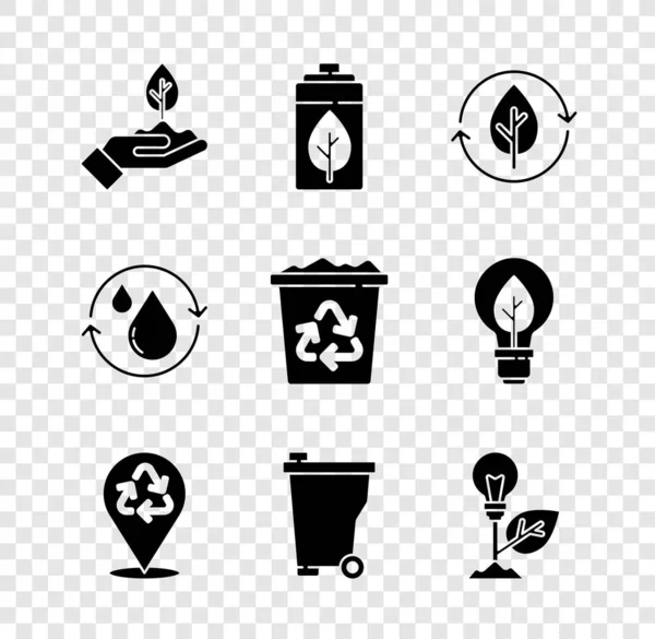 植物を手に入れ、エコ自然葉電池、リサイクル、ゴミ箱、電球、きれいな水とビンのリサイクルアイコンを設定します。ベクトル — ストックベクタ
