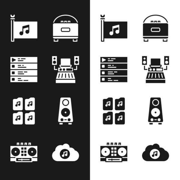 Set studio d'enregistrement de musique, playlist, drapeau du festival, haut-parleur stéréo, document de fichier, service de streaming et DJ à distance et mixage icône de la musique. Vecteur — Image vectorielle