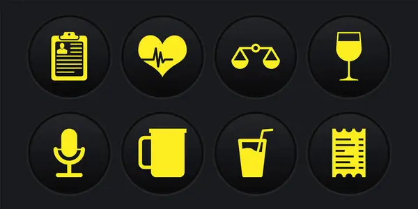 Set microfoon, wijnglas, koffiebeker, glas met water, schalen rechtvaardigheid en hartslagpictogram. Vector — Stockvector