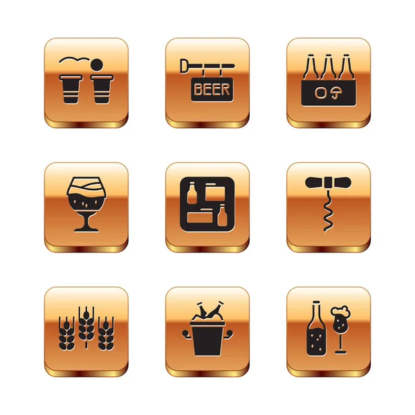 Bira pong oyunu, buğday, buz kovası şişeleri, menü, bir bardak bira, paket, cam ve simgeli sokak tabelası. Vektör — Stok Vektör
