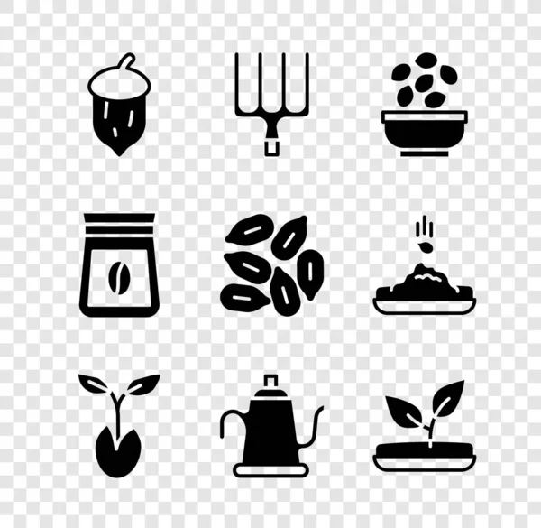 Makk, tölgyfa dió, mag, kerti vasvilla, vetőmag tálban, hajtás, öntöződoboz, zacskó kávébab és ikon. Vektor — Stock Vector