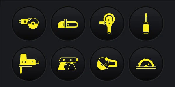Set Jigsaw elétrico, chave de fenda, pistola de pintura, moedor de ângulo, motosserra, circular e ícone. Vetor — Vetor de Stock