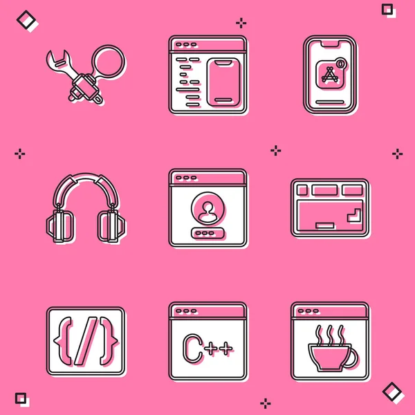 Set Debugging, Software, Mobile Apps, Headphones, Create account screen, Keyboard, Programming language syntax and icon. Vector — Stock Vector