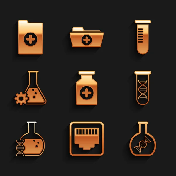 Definir garrafa de medicina, tomada de cabo de porta de rede, pesquisa de DNA, pesquisa e ícone de bioengenharia. Vetor —  Vetores de Stock