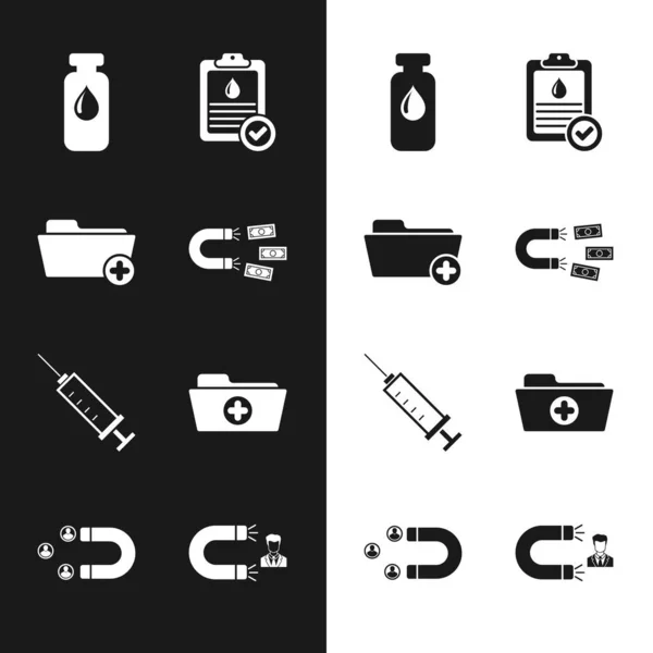 Magneet met geld, map met gezondheidsgegevens, medische flacon, ampul, bloedtest op klembord, spuit en pictogram. Vector — Stockvector