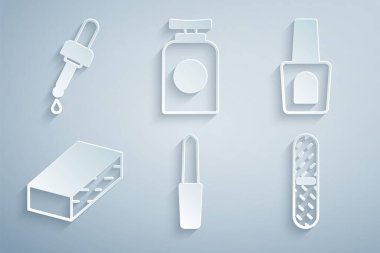 Tırnak törpüsü, bir şişe oje, tüp el kremi ve yağ ikonlu Pipette. Vektör