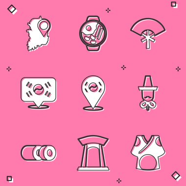 Güney Kore haritası, Ramen, Geleneksel hayran, konum, Kore şapkası, suşi ve kapı simgesi ayarla. Vektör