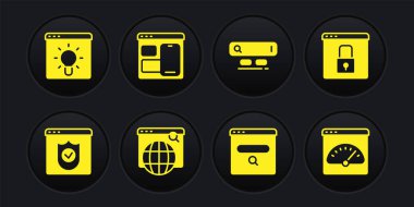 Tarayıcıyı kalkanla ayarla, HTTPS, SSL, Arama motoru, Web geliştirici programlama kodu, dijital hız ölçer ve pencere simgesini emniyete al. Vektör
