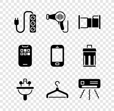 Elektrik uzantısını, saç kurutma makinesini, yatak, çamaşır leğeni, askı dolabını, klimayı, mobil uygulamaları ve telefon ikonunu ayarla. Vektör