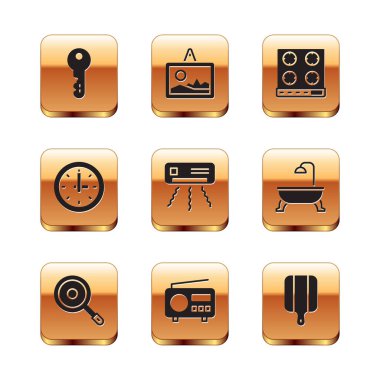 Ev anahtarını, kızartma tavasını, radyoyu, klimayı, saati, ocağı, kesme tahtasını ve resim simgesini ayarla. Vektör