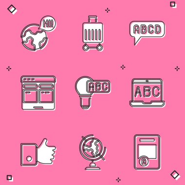 Öğrenme yabancı dilleri, bavul, alfabe, çevrimiçi çevirmen, yaratıcı lamba ışığı fikri, yabancı online çalışma, Hand Like ve Earth globe simgesi. Vektör