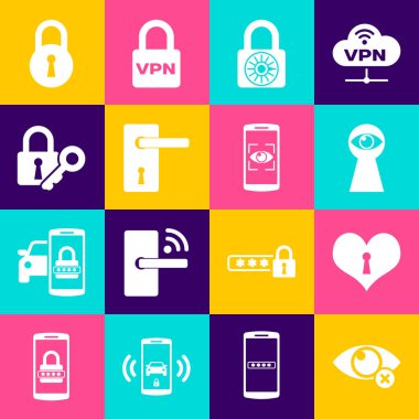 Görünmez ya da gizli, anahtar delikli kalp, anahtar deliği gözü, güvenli kilit tekerleği, kapı kolu ve kilit simgesi. Vektör