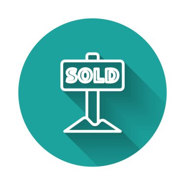 Uzun gölgeli izole edilmiş metin ikonu satılan beyaz çizgi asılı işareti. Çıkartma satıldı. Tabela satıldı. Yeşil daire düğmesi. Vektör