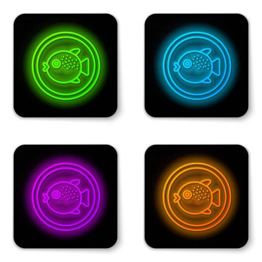 Beyaz arka planda izole edilmiş bir tabak ikonunda parlayan neon hattı kirpi balığı. Fugu balığı Japon kirpi balığı. Siyah kare düğme. Vektör.