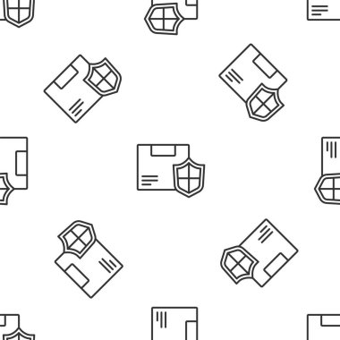 Gri çizgi teslimat güvenliği, beyaz arka planda izole edilmiş ikon, pürüzsüz desen. Teslimat sigortası. Kalkanın ötesinde sigorta kutuları var. Vektör.