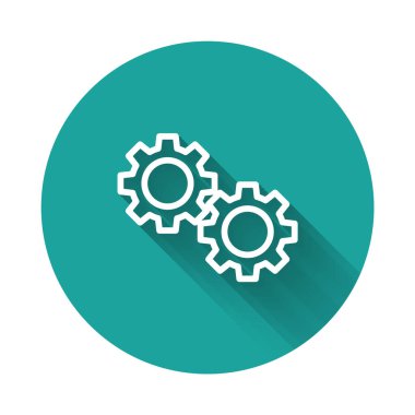 Beyaz çizgi dişli simgesi uzun gölgeli izole edilmiş. Çarklı teçhizat ayarları. İşçi sembolü. Yeşil daire düğmesi. Vektör