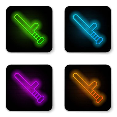 Parlayan neon hattı Polis kauçuk çubuk ikonu beyaz arka planda izole edildi. Kauçuk copu. Polis yarasası. Polis ekipmanları. Siyah kare düğme. Vektör