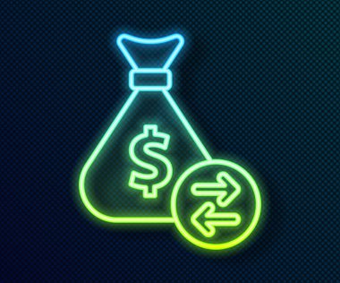 Parlayan neon hattı Para Çantası simgesi siyah arkaplanda izole edildi. Dolar ya da USD sembolü. Nakit bankacılık tabelası. Vektör
