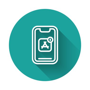 Beyaz çizgi Mobil Uygulamalar simgesi uzun gölge arkaplanı ile izole edildi. Ekran simgeli akıllı telefon, uygulamalar. Cep telefonu ekranı görünüyor. Yeşil daire düğmesi. Vektör