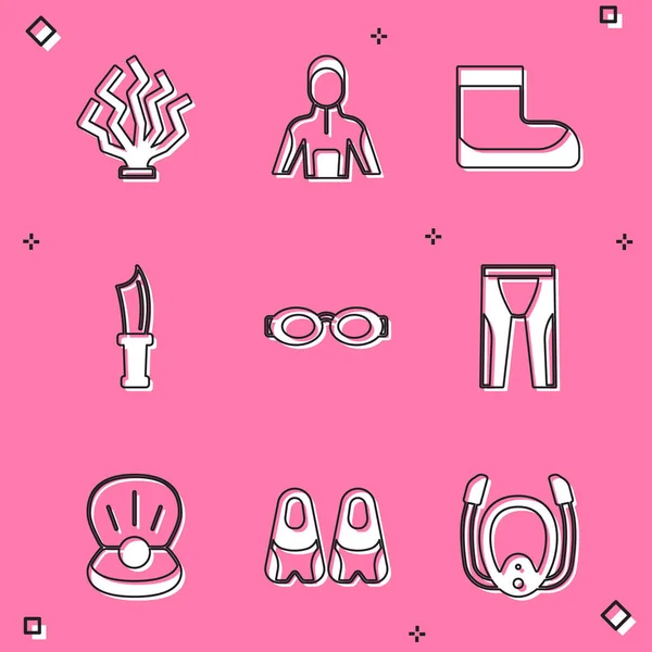 集珊瑚、潜水游泳衣、靴子、潜水刀、眼镜、珍珠和拖鞋为一体的图标.B.病媒 — 图库矢量图片