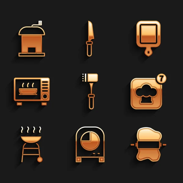 Set Kökshammare, timer, Rolling pin på deg, Chef hatt, Grill, Mikrovågsugn, Skärbräda och manuell kaffekvarn ikon. Vektor — Stock vektor