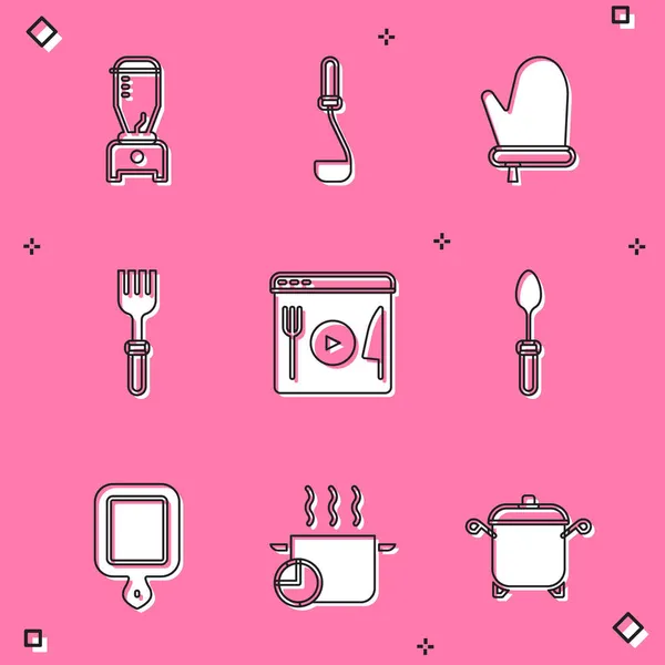 Set Blender, Kitchen ladle, Oven glove, Fork, Cooking live streaming, Teaspoon, Cutting board and pot icon. Vector — Stock Vector