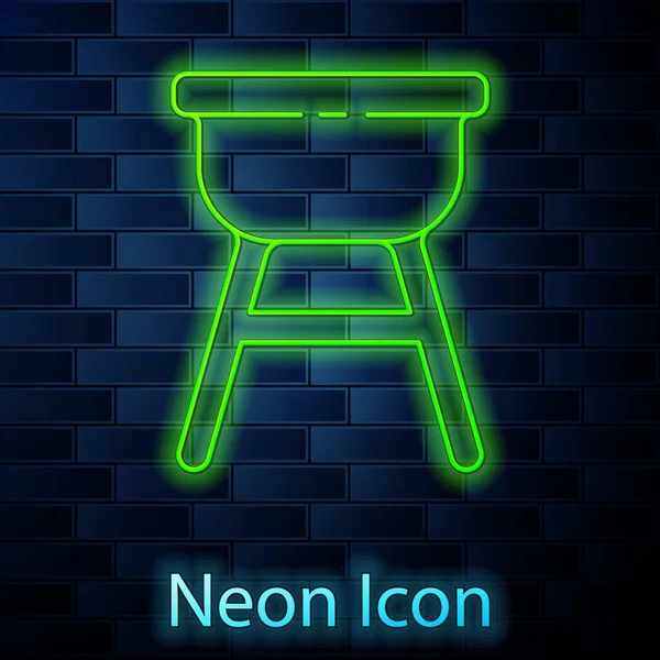 Leuchtende Neon-Linie Barbecue-Grill-Symbol isoliert auf Ziegelwand Hintergrund. Grillparty. Vektorillustration — Stockvektor
