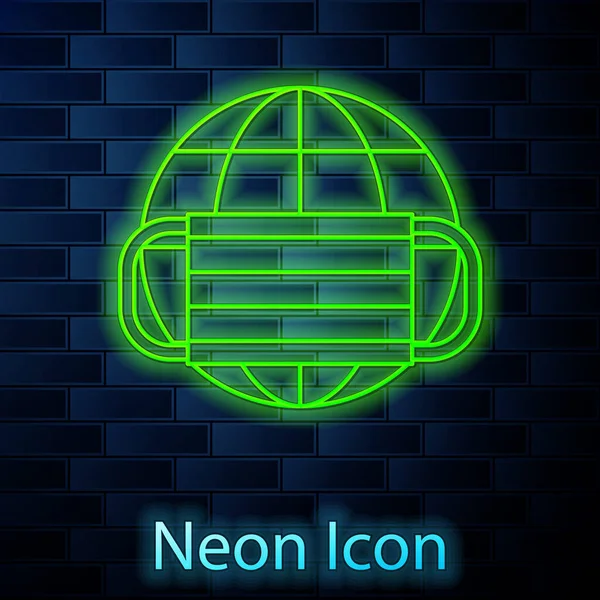 Leuchtende Neon Line Earth Globus mit medizinischer Maske Symbol isoliert auf Backsteinwand Hintergrund. Vektor. — Stockvektor