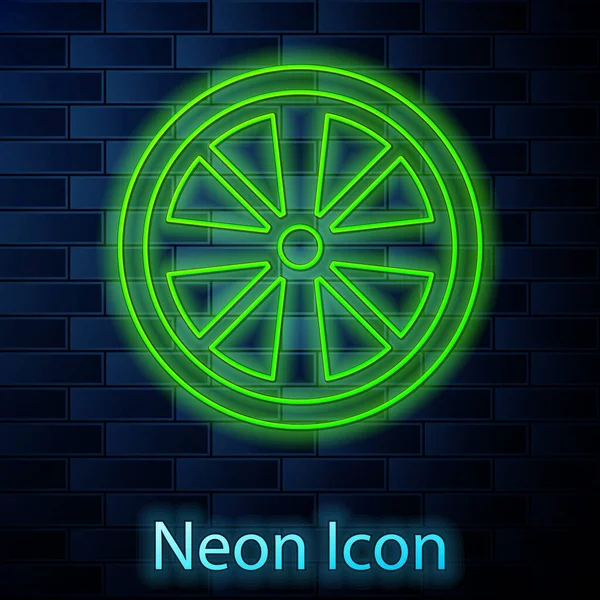 Linha de néon brilhante Roda de liga para um ícone de carro isolado no fundo da parede de tijolo. Vetor — Vetor de Stock