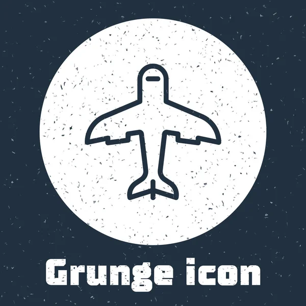 Línea Grunge Icono plano aislado sobre fondo gris. Icono del avión volador. Firma del avión. Dibujo vintage monocromo. Vector — Vector de stock