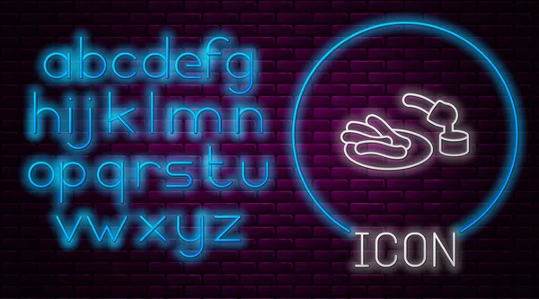 Glowing neon line Churros and chocolate icon isolated on brick wall background. Makanan penutup tradisional nasional Spanyol, makanan jalanan Eropa. Alfabet cahaya neon. Vektor - Stok Vektor