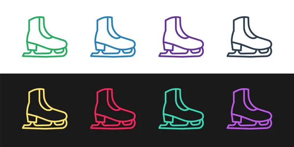 Definir linha Skates ícone isolado no fundo preto e branco. Ícone de sapatos de patinação no gelo. Botas desportivas com lâminas. Vetor — Vetor de Stock