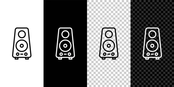 Setzen Sie das Line-Stereo-Lautsprechersymbol isoliert auf schwarz-weißem Hintergrund. Soundsystem-Lautsprecher. Musik-Ikone. Musikalische Säulenlautsprecher Bass-Ausstattung. Vektor — Stockvektor