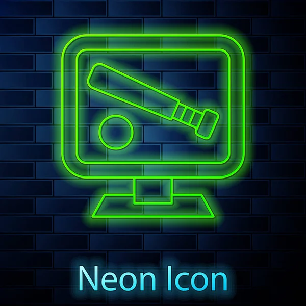 Glödande neon line Övervaka med baseball boll och bat på skärmen ikonen isolerad på tegel vägg bakgrund. Online baseballmatch. Vektor — Stock vektor