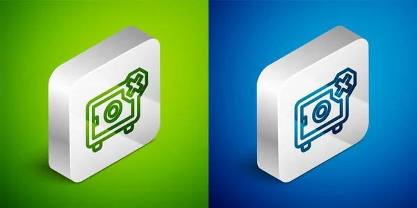 Isometric line Safe icon isolated on green and blue background. The door safe a bank vault with a combination lock. Reliable Data Protection. Silver square button. Vector — Stock Vector