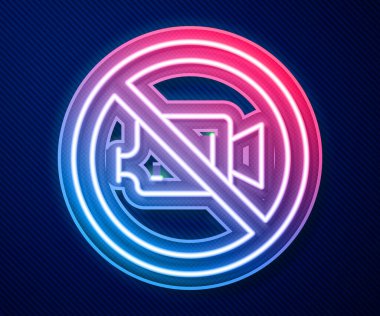 Parlayan neon hattı yasağı işareti mavi arkaplanda izole edilmiş hiçbir video kayıt simgesi yok. Vektör