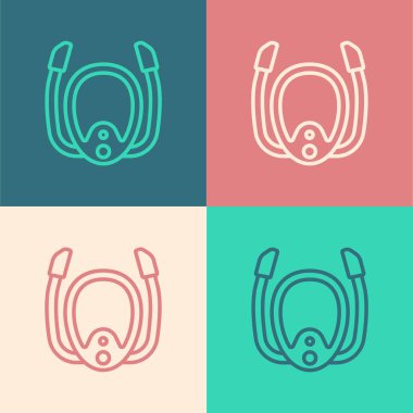 Pop Art Line Dalış maskesi ve şnorkel ikonu renkli arka planda izole edilmiş. Olağanüstü bir spor. Su altı ekipmanları. Vektör