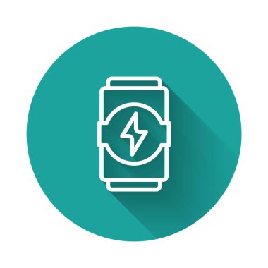 Beyaz çizgi enerji içeceği ikonu uzun gölge arkaplan izole. Yeşil daire düğmesi. Vektör