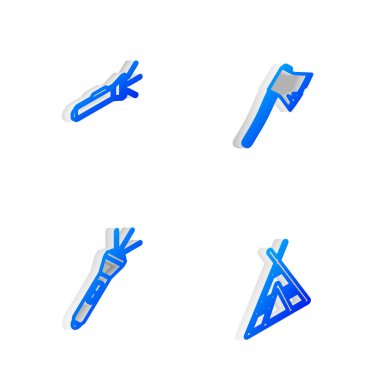 Eski ahşap balta, el feneri ve turist çadırı simgesini ayarlayın. Vektör