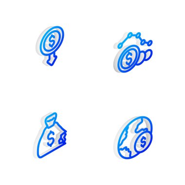 Isometric hattı dolar oranı düşüşünü, para çantasını ve küresel ekonomik kriz ikonunu ayarla. Vektör
