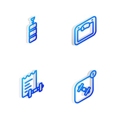 Isometric hattı banyo terazisini, kum torbasını, spor eğitim programını ve Fitness uygulaması simgesini ayarla. Vektör