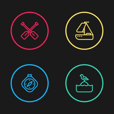 Hat pusulası, martı şamandırada, yat yelkenlisi ve kürek simgesinde oturuyor. Vektör