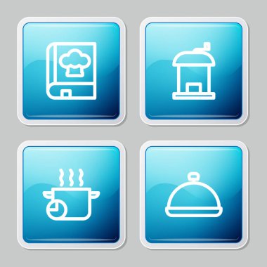 Sabit çizgi yemek kitabı, manuel kahve öğütücü, tencere ve tepsi yemek ikonu ile kaplanmış. Vektör